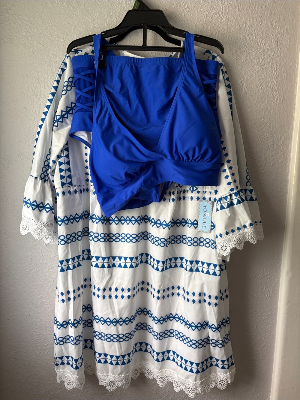 Blue Swim Top and bottom, with White & Blue Dress Cover-Up